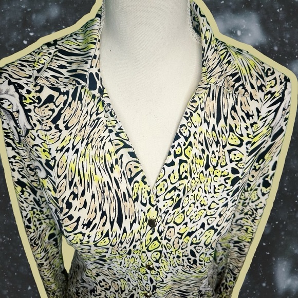 Caché Vintage Y2K Chartreuse / Lime Green Leopard & Brocade Button Down Top XS - Picture 3 of 10